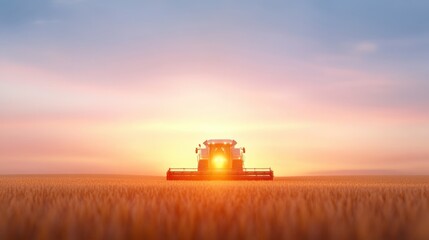 Naklejka premium Combine harvester working in golden wheat field at sunset
