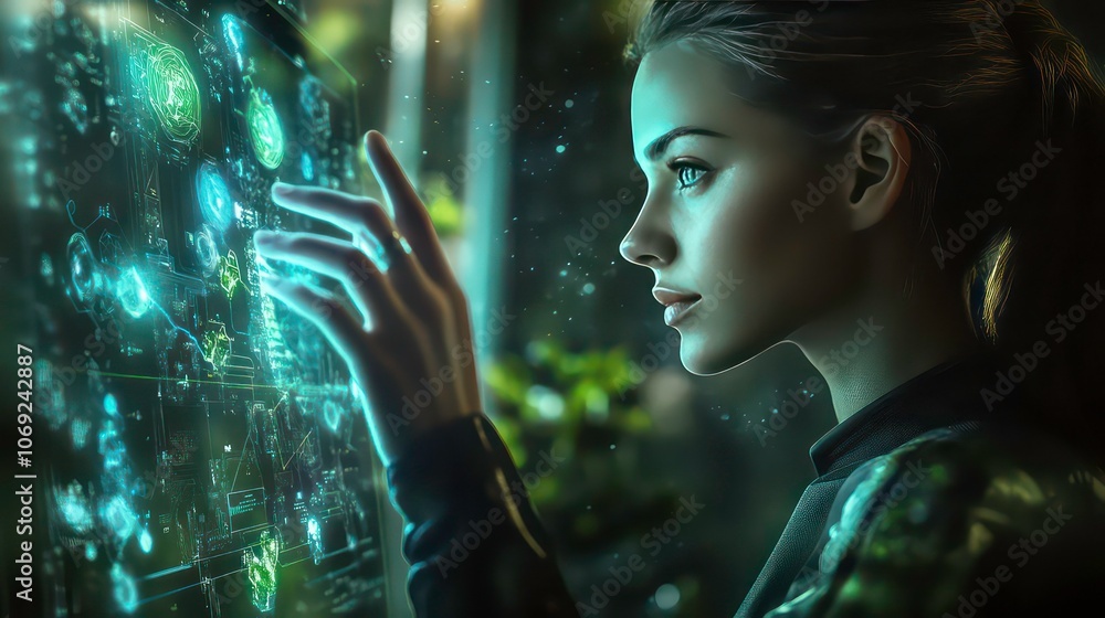 Poster conceptual image of a woman touching a computer screen representing the next generation of technolog