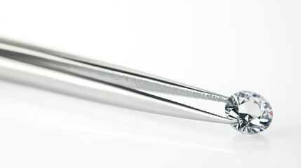 Diamond Gemstone Held by Tweezers on White Background