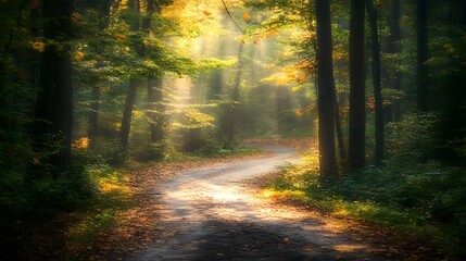 Obraz premium Serene forest path winding through tall trees, dappled sunlight filtering through the canopy, and a carpet of fallen leaves underfoot. The scene evokes a peaceful and enchanting woodland experience.