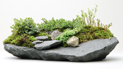 Miniature Rock Garden with Succulents and Moss on Slate
