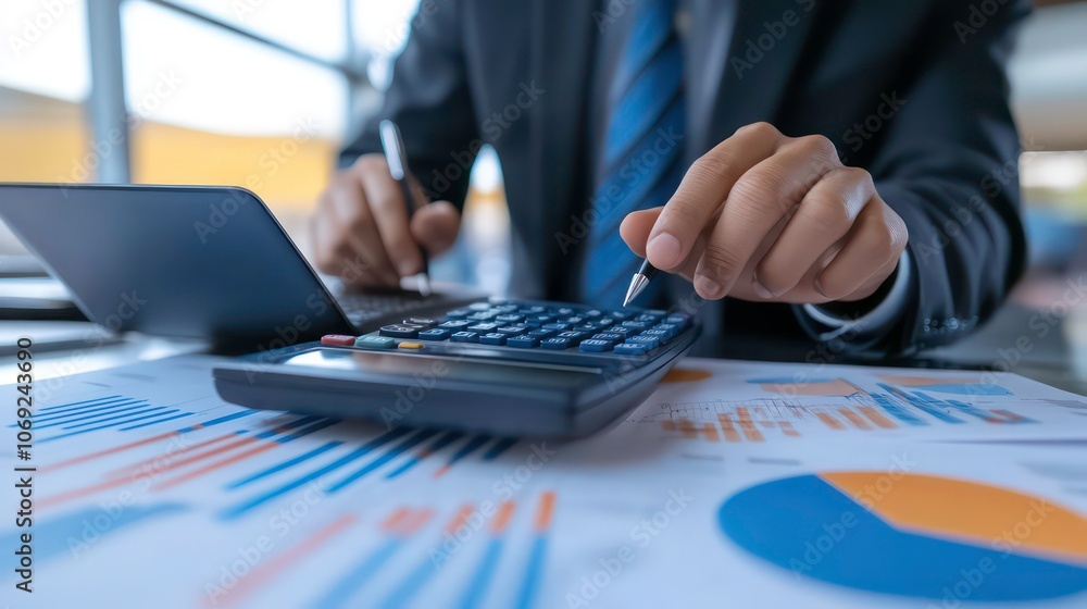 Poster business man using calculator and laptop on paper graph data with doing finance at office.
