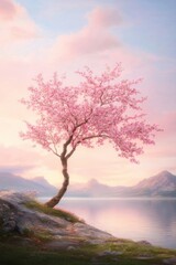 Obraz premium Serene landscape with blooming cherry blossom tree overlooking a tranquil lake