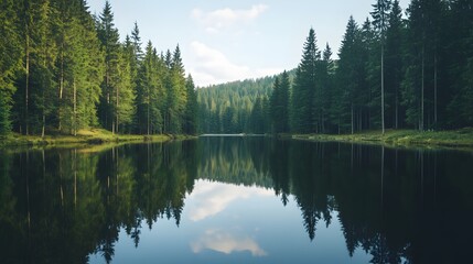 Fototapeta premium Serene lake encircled by vibrant autumn trees, their colorful reflections perfectly mirrored in the still water. The scene epitomizes tranquility and the beauty of fall.