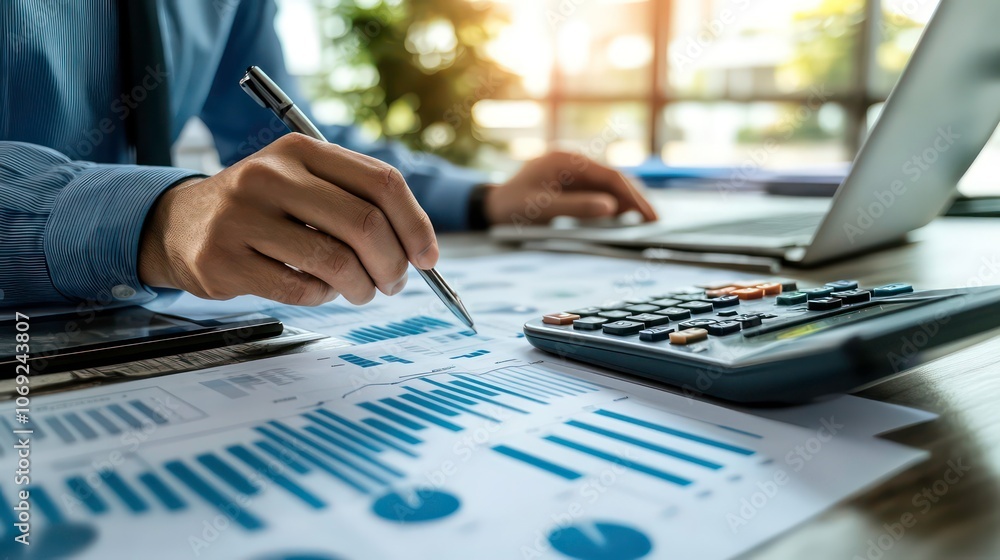 Poster business man using calculator and laptop on paper graph data with doing finance at office.