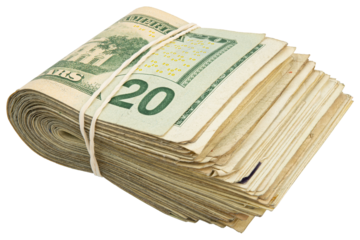 20$ bills. Stack of twenty American bills. Cash wad roll. Money rolled in half with rubber band. Green USA bank notes. USD banking saving. Paper money note. Business success. Rich. Isolated background