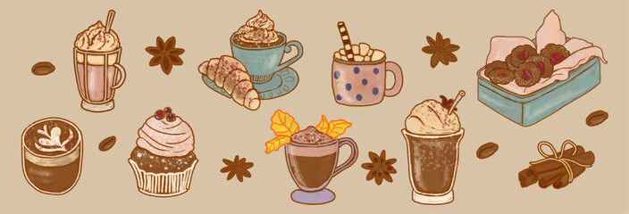 Retro drinks clipart. Cups of coffee and sweets isolated on chocolate background