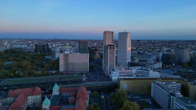Berlin station zoologischer garten, sunset. Marvelous aerial view flight drone