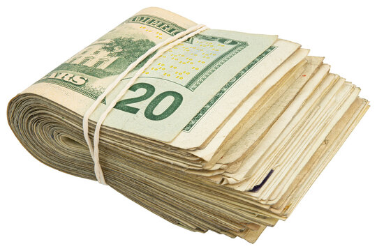20$ bills. Stack of twenty American bills. Cash wad roll. Money rolled in half with rubber band. Green USA bank notes. USD banking saving. Paper money note. Business success. Rich. Isolated background