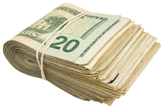 20$ bills. Stack of twenty American bills. Cash wad roll. Money rolled in half with rubber band. Green USA bank notes. USD banking saving. Paper money note. Business success. Rich. Isolated background
