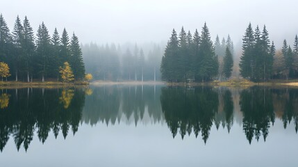 Fototapeta premium Serene lake encircled by vibrant autumn trees, their colorful reflections perfectly mirrored in the still water. The scene epitomizes tranquility and the beauty of fall.