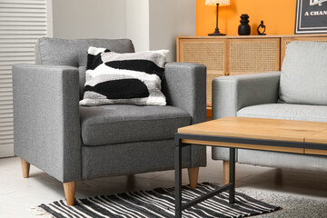 Cozy sofa, armchair and coffee table in interior of living room