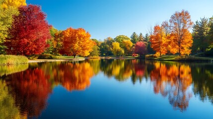 Serene lake encircled by vibrant autumn trees, their colorful reflections perfectly mirrored in the still water. The scene epitomizes tranquility and the beauty of fall.