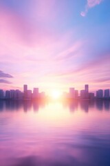 Fototapeta premium Vibrant cityscape at sunset with reflection in water