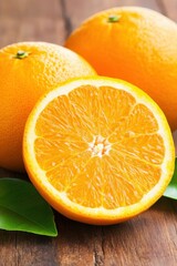 Freshly cut orange slices on a wooden table