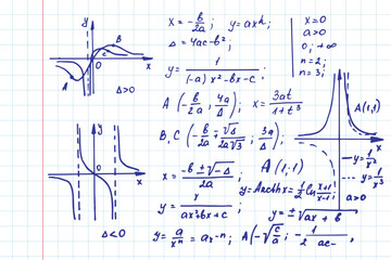 Vintage scientific and educational background. Mathematical  law theory, outlines and formula equation on notebook page. Vector hand-drawn illustration.