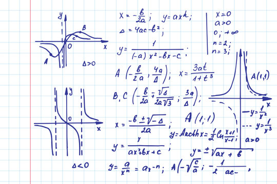 Vintage scientific and educational background. Mathematical  law theory, outlines and formula equation on notebook page. Vector hand-drawn illustration.