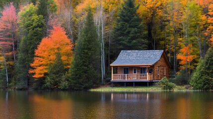 Fototapeta premium Serene lakeside cabin nestled in a dense forest, with a calm lake mirroring the vibrant autumn colors of the surrounding trees, offering a peaceful retreat.