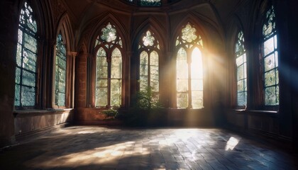 Fototapeta premium Rayos de luz brillante que atraviesan las ventanas de un antigua igllesia abandonada Hermosa iglesia medieval
