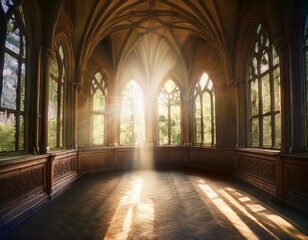 Obraz premium Rayos de luz brillante que atraviesan las ventanas de un antigua igllesia abandonada Hermosa iglesia medieval