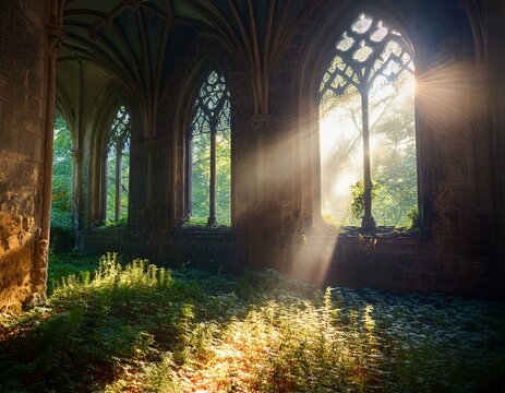 Rayos de luz brillante que atraviesan las ventanas de un antigua igllesia abandonada Hermosa iglesia medieval