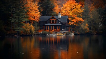 Fototapeta premium Serene lakeside cabin nestled in a dense forest, with a calm lake mirroring the vibrant autumn colors of the surrounding trees, offering a peaceful retreat.