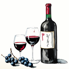 red wine bottle and glasses vector
