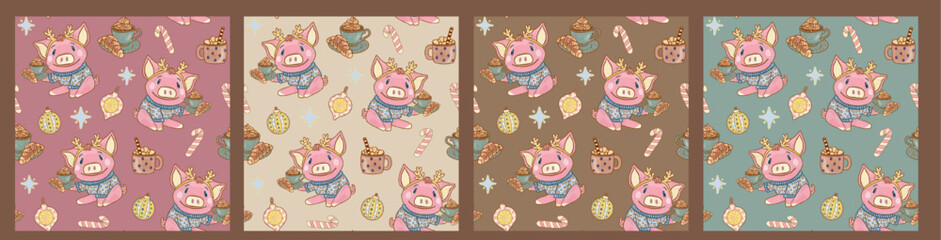 Cozy collection of seamless patterns with animals on a background of pastel colors. Cheerful funny dressed pigs in Christmas sweaters with a cup of cocoa and sweets