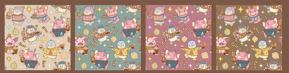 Cozy collection of seamless patterns with animals on a background of pastel colors. Cheerful funny dressed pigs and penguins in Christmas sweaters with a cup of cocoa and sweets