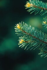 Close-up of a pine tree branch with yellow buds against a dark green background