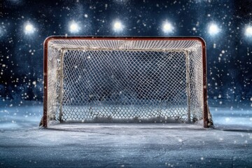 Depicting a hockey goal on the ice, with spotlights in the background and snow falling, taken from a frontal perspective.