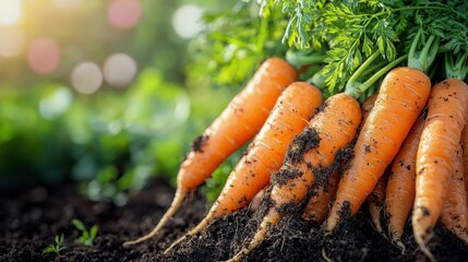 Freshly harvested carrots with soil, sunlight, and greenery in the background