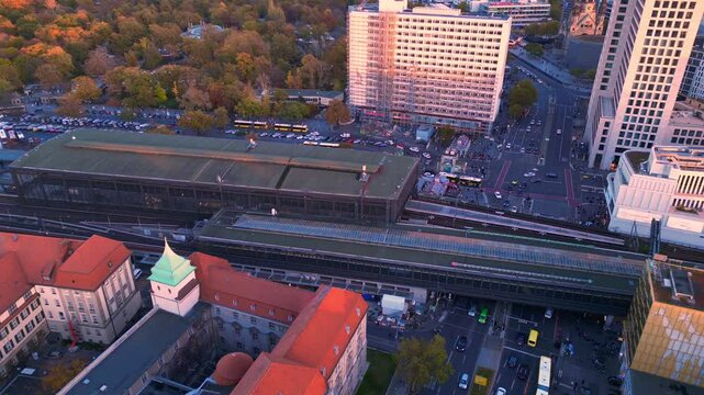 Berlin station zoologischer garten, sunset. Majestic aerial view flight drone