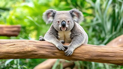 Fototapeta premium A gentle koala resting on a branch amidst vibrant foliage captured at ground level in natural lighting