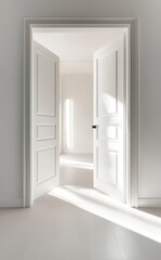 Bright and airy interior with open white doors