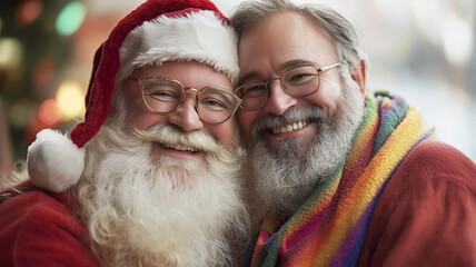Close up of Santa Claus with his husband, Mr. Claus.