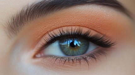 Obraz premium Close-up of a woman's eye with orange eyeshadow and long eyelashes.