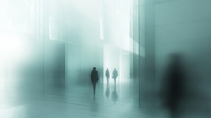 Fototapeta premium People stroll through a sleek, glass-encased office building, their figures obscured by a hazy filter. 