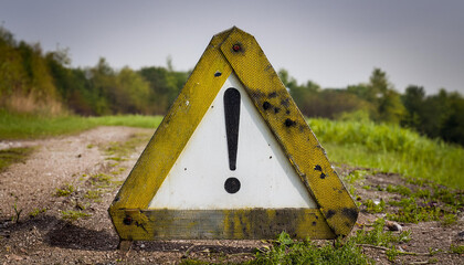 Weathered triangular warning sign with exclamation point.