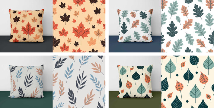 set of four leaf seamless patterns, leaf pattern for throw pillow, maple birch willow and oak leaves vector design pattern in flat style for home decor