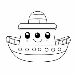 Educational coloring book for kids and toddlers, a ship with eyes. cartoon style, linear art.