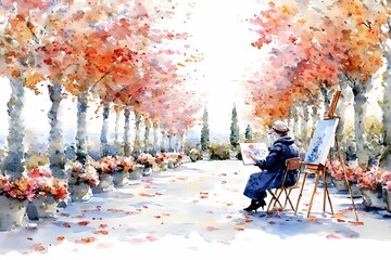 Serene Watercolor Scene of a Person Painting Outdoors