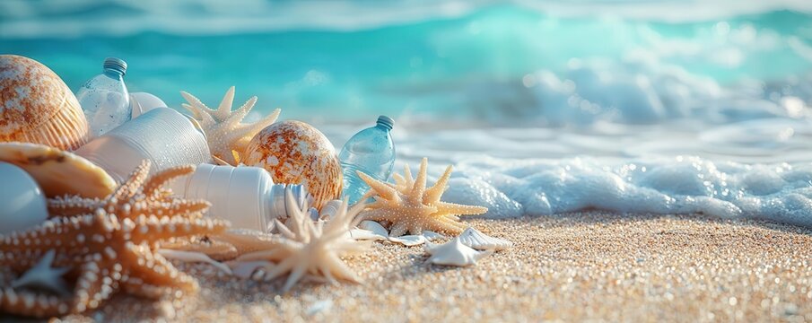 Environmental icons symbolizing plastic pollution in the oceans and beaches close up, beach theme, surreal, Composite, sandy shore backdrop