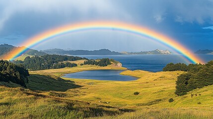 Naklejka premium A vibrant rainbow arches over a serene lake and green hills.