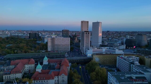 Berlin station zoologischer garten, sunset. Spectacular aerial view flight drone
