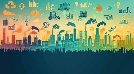 Fototapeta premium Pollution icons showing various environmental threats in modern society close up, city theme, vibrant, silhouette, urban landscape backdrop