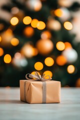 Wrapped gift box with festive lights in the background