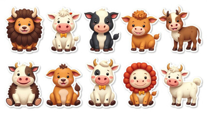 Cute cartoon farm animals with adorable expressions and accessories