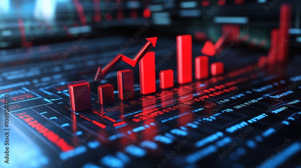 Poster red rising bar chart with upward arrow on a digital screen.