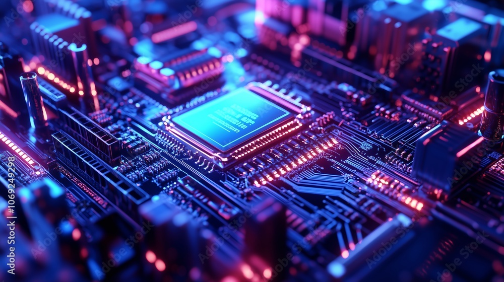 Aufkleber close-up view of a colorful circuit board with glowing components, showcasing technology and innovat